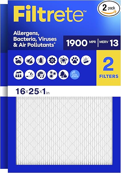 Filtrete 16x25x1 Air Filter, MERV 13 MPR 1900, Allergens, Bacteria, Viruses & Air Pollutants, 3-Month AC/Furnace Filters, Cleaner Air Reliable Airflow, 2 HVAC Filters(Act Size 15.62x24.62x0.78 in)