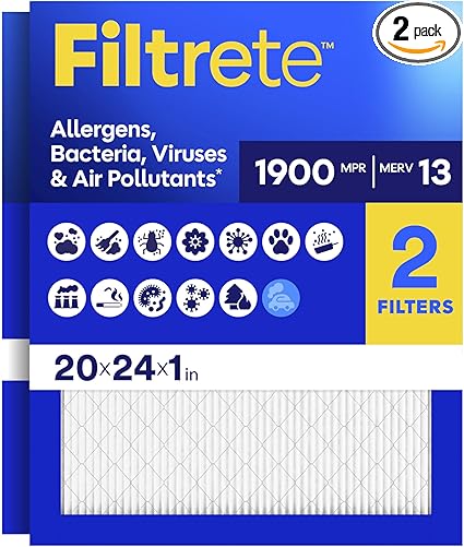 Filtrete 20x24x1 Air Filter, MERV 13 MPR 1900, Allergens, Bacteria, Viruses & Air Pollutants, 3-Month AC/Furnace Filters, Cleaner Air Reliable Airflow, 2 HVAC Filters(Act Size 19.81x23.81x0.78 in)